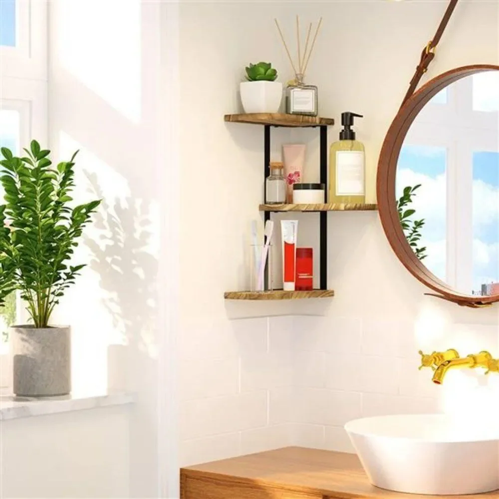 Corner Shelf Wall Mount of 3 Tier Rustic Wood Floating Shelves